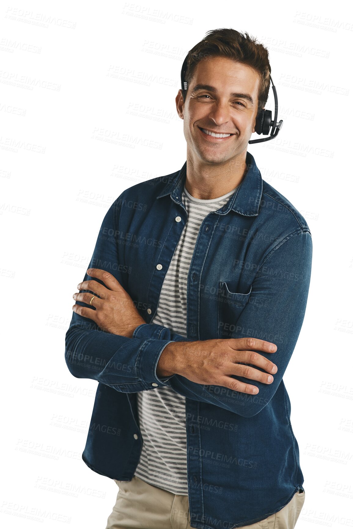 Buy stock photo Man, portrait and headset for telemarketing communication for customer service, support or assistance. Male person, face and confidence or isolated transparent png background, call center or advisor