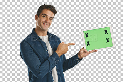Buy stock photo Portrait, tablet and man pointing at green screen, smile and mockup space isolated on a transparent png background. Technology, chroma key and person show marketing, social media or tracking markers