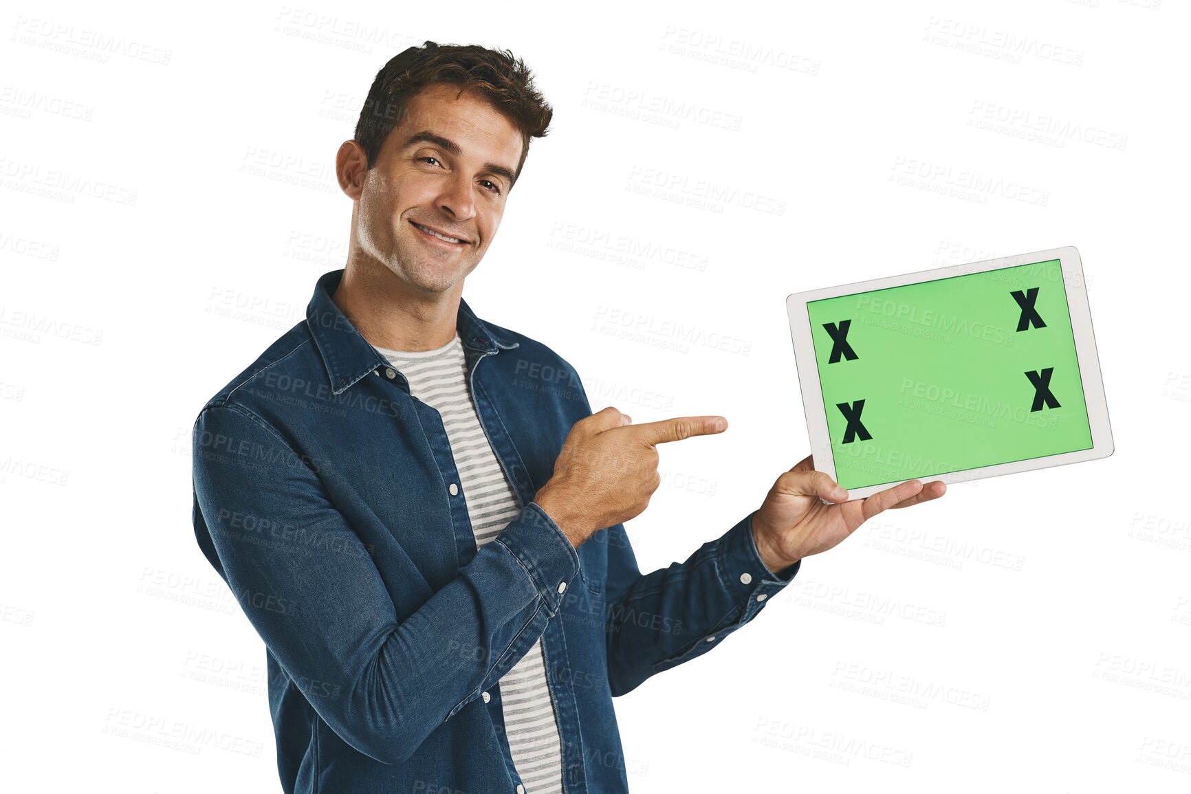 Buy stock photo Portrait, tablet and man pointing at green screen, smile and mockup space isolated on a transparent png background. Technology, chroma key and person show marketing, social media or tracking markers