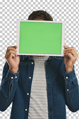 Buy stock photo Green screen, mockup and man with tablet for presentation advertising, promotion or marketing. Chroma key, display and person with digital technology for space isolated by transparent png background.