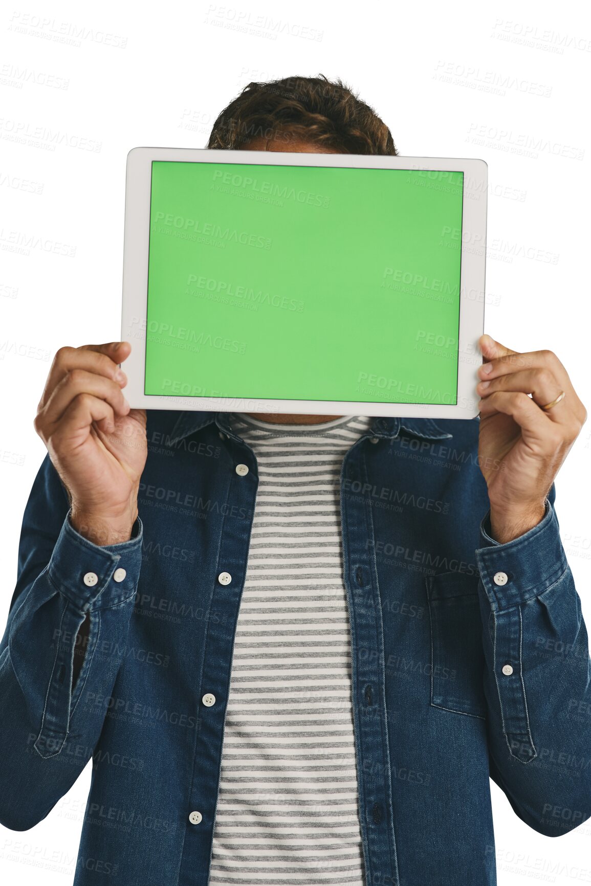 Buy stock photo Green screen, mockup and man with tablet for presentation advertising, promotion or marketing. Chroma key, display and person with digital technology for space isolated by transparent png background.