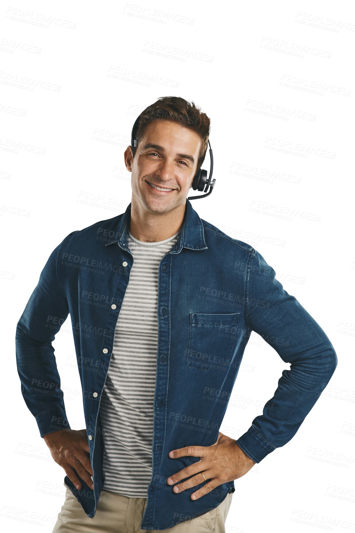 Buy stock photo Man, portrait and headset for call center communication for customer service, support or assistance. Male person, face and confidence or isolated transparent png background, consulting or advisor