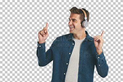 Buy stock photo Man, headphones and dance with music, smile and happiness with fashion sense while pointing. Male model, song and happy with isolated, transparent and png background for positive vibes and wellness 