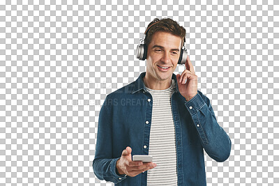 Buy stock photo Music, headphones and happy man with phone for streaming audio on isolated, transparent or png background. Smartphone, search and male person listening to radio, podcast or internet playlist choice