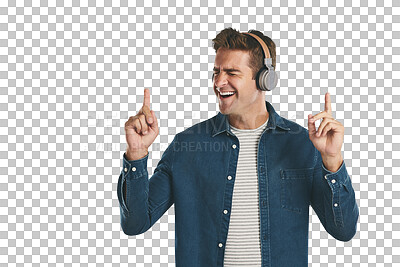 Buy stock photo Man, listening and enjoy music with headphones for song, dance and sing with online playlist streaming. Person, audio and sound for entertainment, wellness and happiness with png isolated background