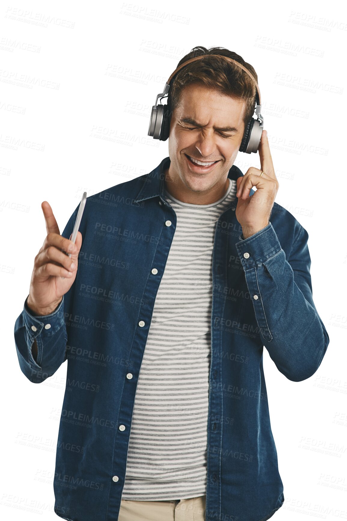 Buy stock photo Music, headphones and man singing with phone for streaming audio on isolated, transparent or png background. Smartphone, search and male person listening to radio, podcast or internet playlist choice