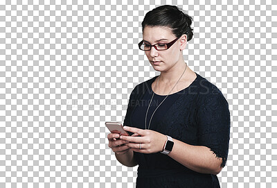 Buy stock photo Phone, typing and business woman on internet, research or social media in startup isolated on a transparent png background. Mobile, serious and creative designer on website, scroll or reading email