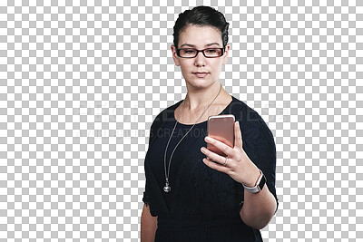 Buy stock photo Phone, business woman or reading email on internet, research or social media isolated on a transparent png background. Smartphone, serious or creative designer on website, scroll or networking online