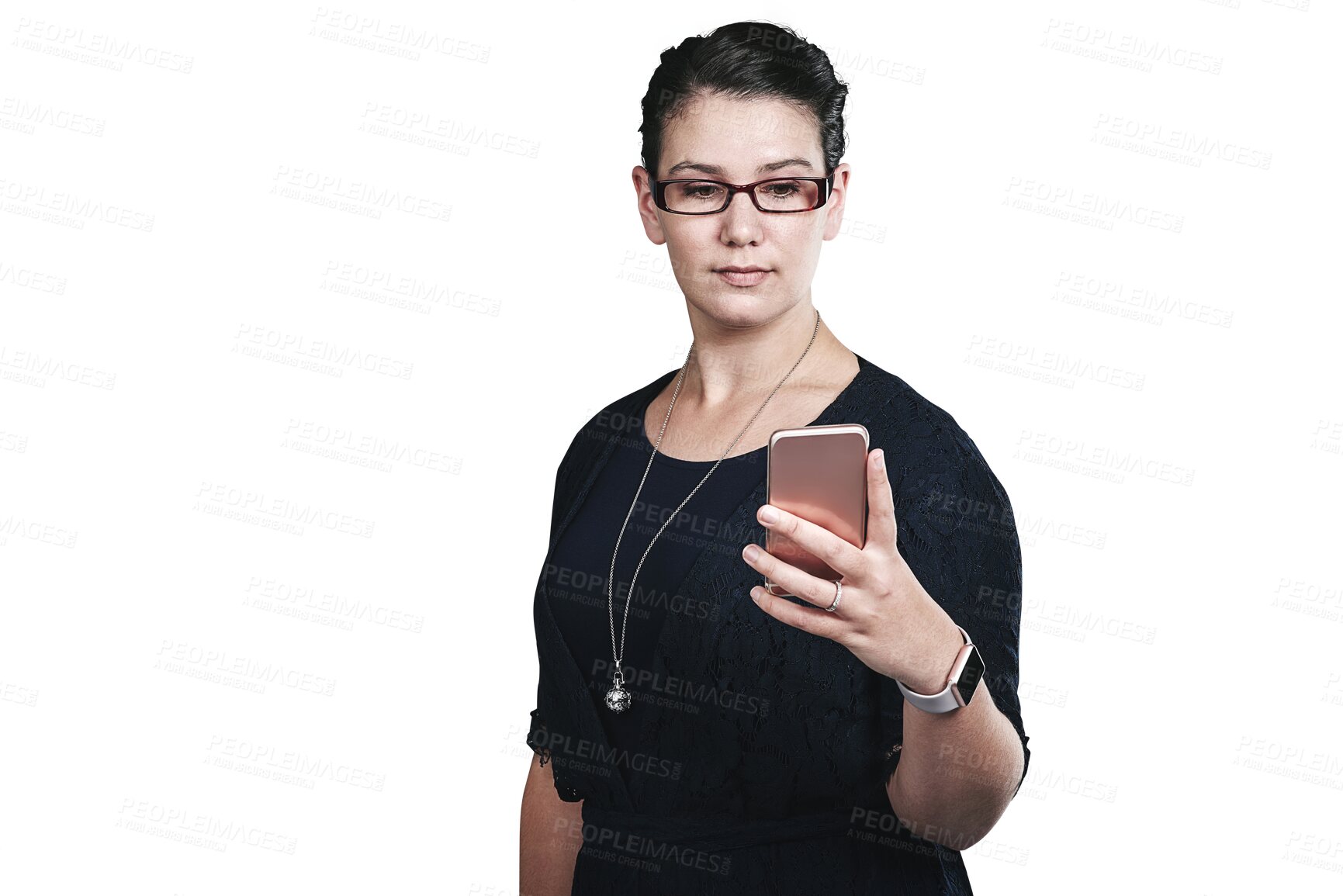 Buy stock photo Phone, business woman or reading email on internet, research or social media isolated on a transparent png background. Smartphone, serious or creative designer on website, scroll or networking online