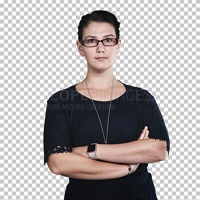 Buy stock photo Business, woman and confident with portrait or arms crossed for startup corporate career or glasses. Entrepreneur, employee and face for professional consultant isolated on png transparent background