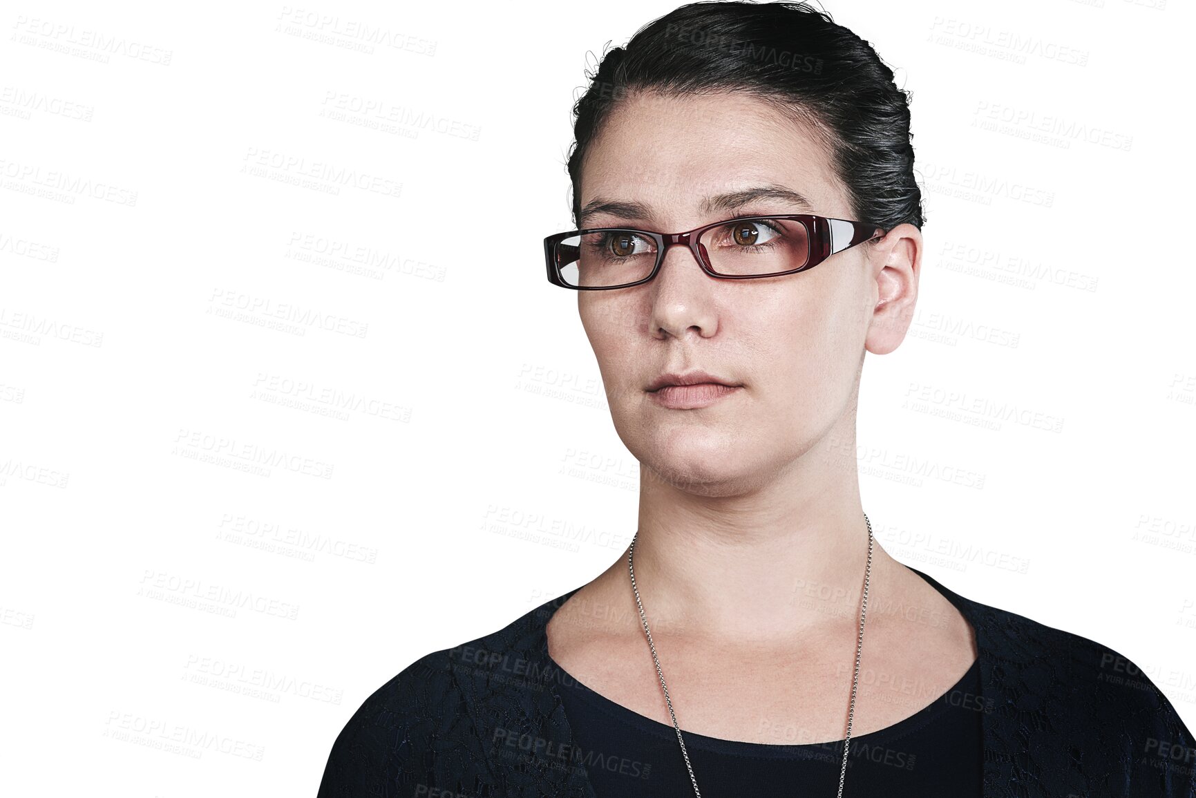 Buy stock photo Thinking, business or woman with idea, solution or professional isolated on transparent background. Png, choice or employee with problem solving or planning for a project with opportunity or decision