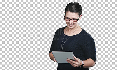 Buy stock photo Smile, tablet and woman reading blog on social media, app or the internet for research information. Happy, digital technology and female person networking on website by transparent png background.