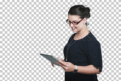 Buy stock photo Happy, tablet and woman reading blog on social media, app or the internet for research information. Smile, digital technology and female person networking on website by transparent png background.