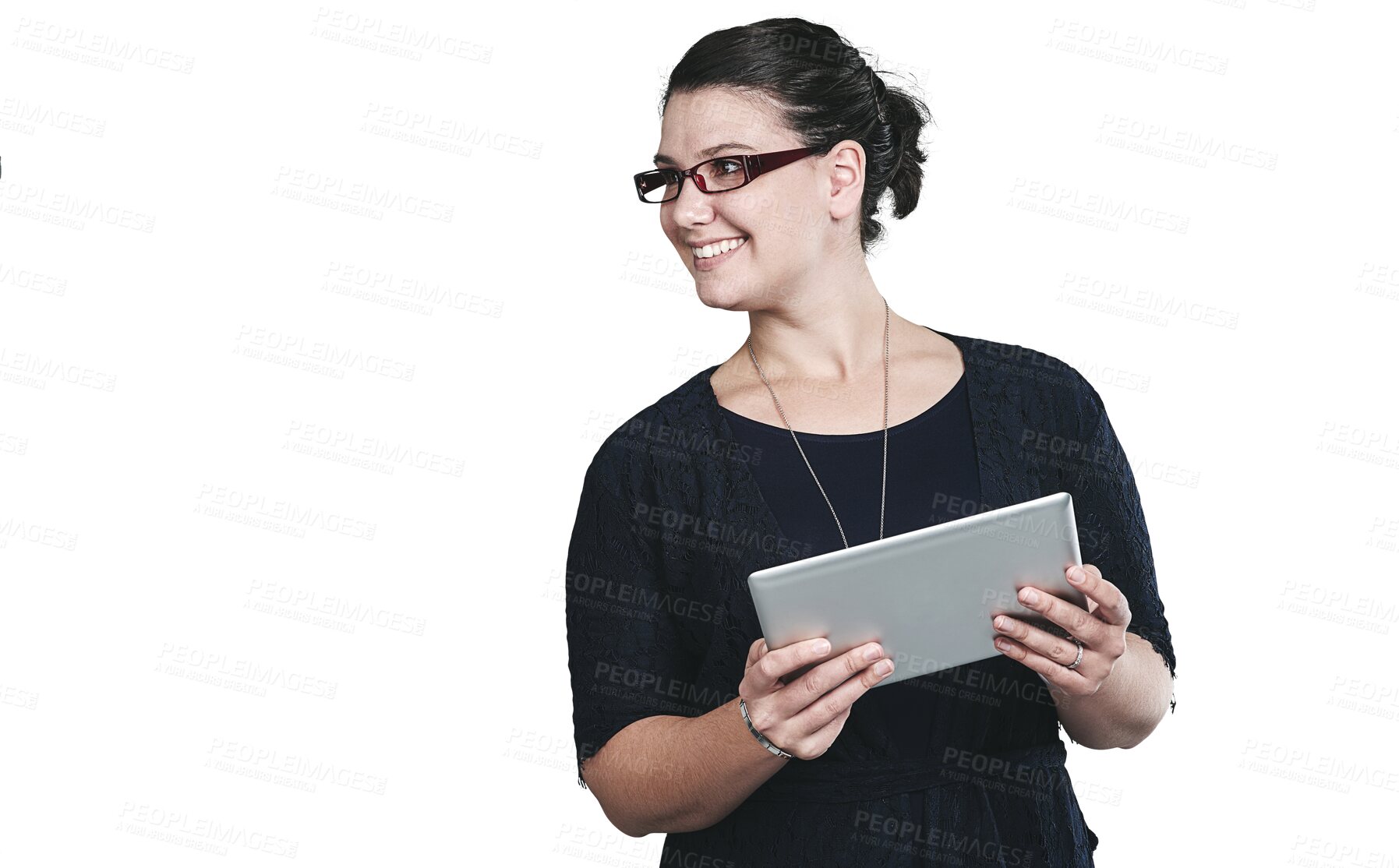 Buy stock photo Smile, tablet and woman networking online on social media, app or the internet for communication. Happy, digital technology and female person read blog on website by transparent png background.