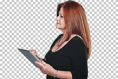 Buy stock photo Business, woman and thinking with tablet for research, communication and networking at workplace. Mature person, entrepreneur or technology for project planning isolated on png transparent background