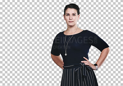 Buy stock photo Portrait, confident and business with woman, fashion designer and girl isolated on a transparent background. Png, face and professional with stylish outfit and entrepreneur with startup and worker