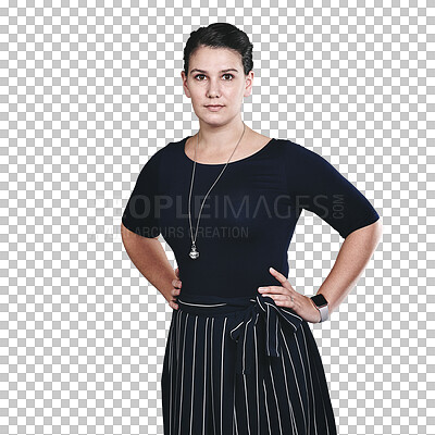 Buy stock photo Portrait, confident or woman with hands on hips, attitude and business attire for job interview. Female freelancer, candidate or intern with determination and isolated on transparent png background