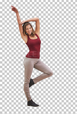 Buy stock photo Portrait, smile and fitness with woman athlete in studio isolated on transparent background for health. Exercise, training and workout with happy young person on PNG for wellness or improvement