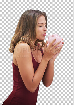 Buy stock photo Kiss, woman and piggy bank for budget, finance and investment for future profit isolated on a transparent png background. Money box, savings and rich person with income, cash and container for wealth
