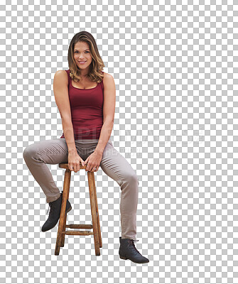 Buy stock photo Fashion, portrait and woman on chair smile with confidence in isolated, transparent and png background. Model, sitting and girl with pride in casual style or college student relax with happiness