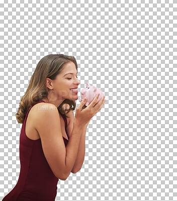 Buy stock photo Smile, woman and piggy bank for savings, finance and investment for future profit isolated on a transparent png background. Budget, rich and happy person with money box, cash and container for wealth