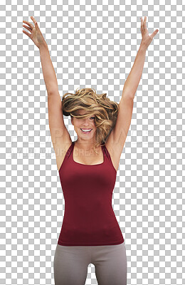 Buy stock photo Success, jump and portrait of woman with smile, celebration and excited person isolated on transparent png background. Girl, happy and hop in air for freedom, achievement and energy with arms up