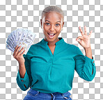 Woman portrait, okay sign and money fan for bonus, financial suc