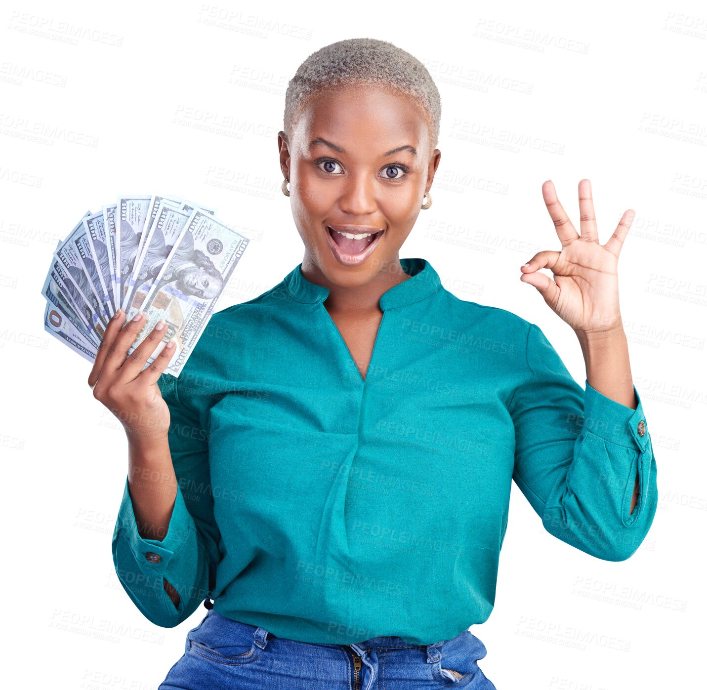 Buy stock photo Woman portrait, okay sign and money fan for bonus, financial success and winning, finance loan with wow. Black female person, yes and notes or cash profit and isolated on transparent png background