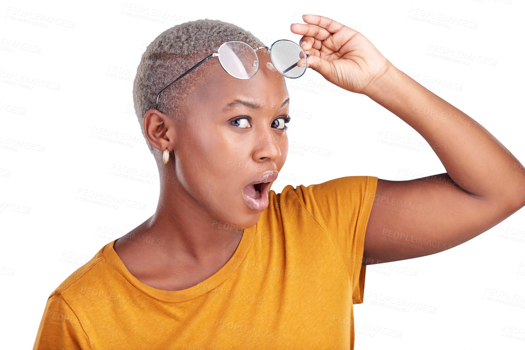 Buy stock photo Shock, news and portrait of black woman with gossip, announcement or secret with glasses. Face, surprise and African person with wow, wtf or omg expression isolated by transparent png background.