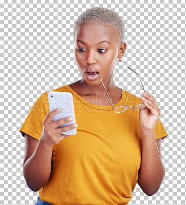 Buy stock photo Shock, phone and black woman reading gossip, announcement or secret on technology. Cellphone, surprise and young African person with wow, wtf or omg expression isolated by transparent png background.