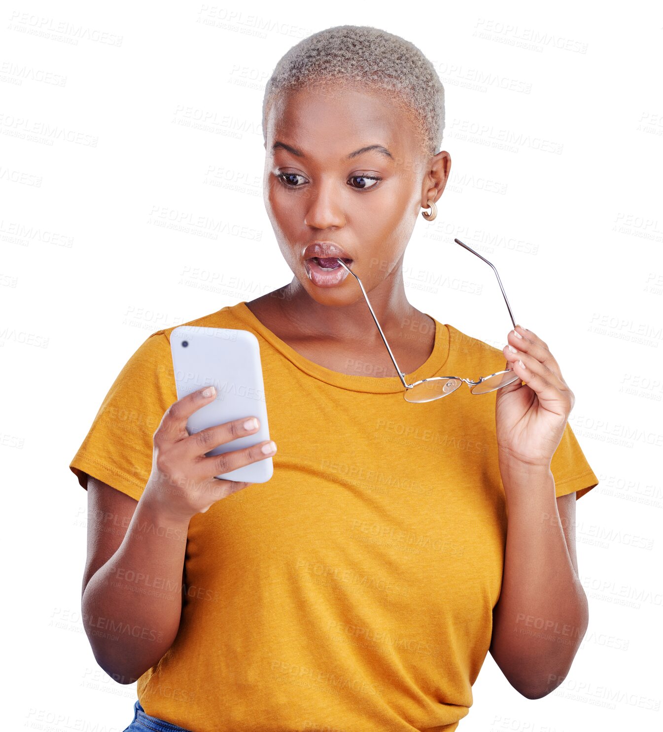 Buy stock photo Shock, phone and black woman reading gossip, announcement or secret on technology. Cellphone, surprise and young African person with wow, wtf or omg expression isolated by transparent png background.