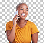 Phone call, studio smile and black woman laugh at funny communic