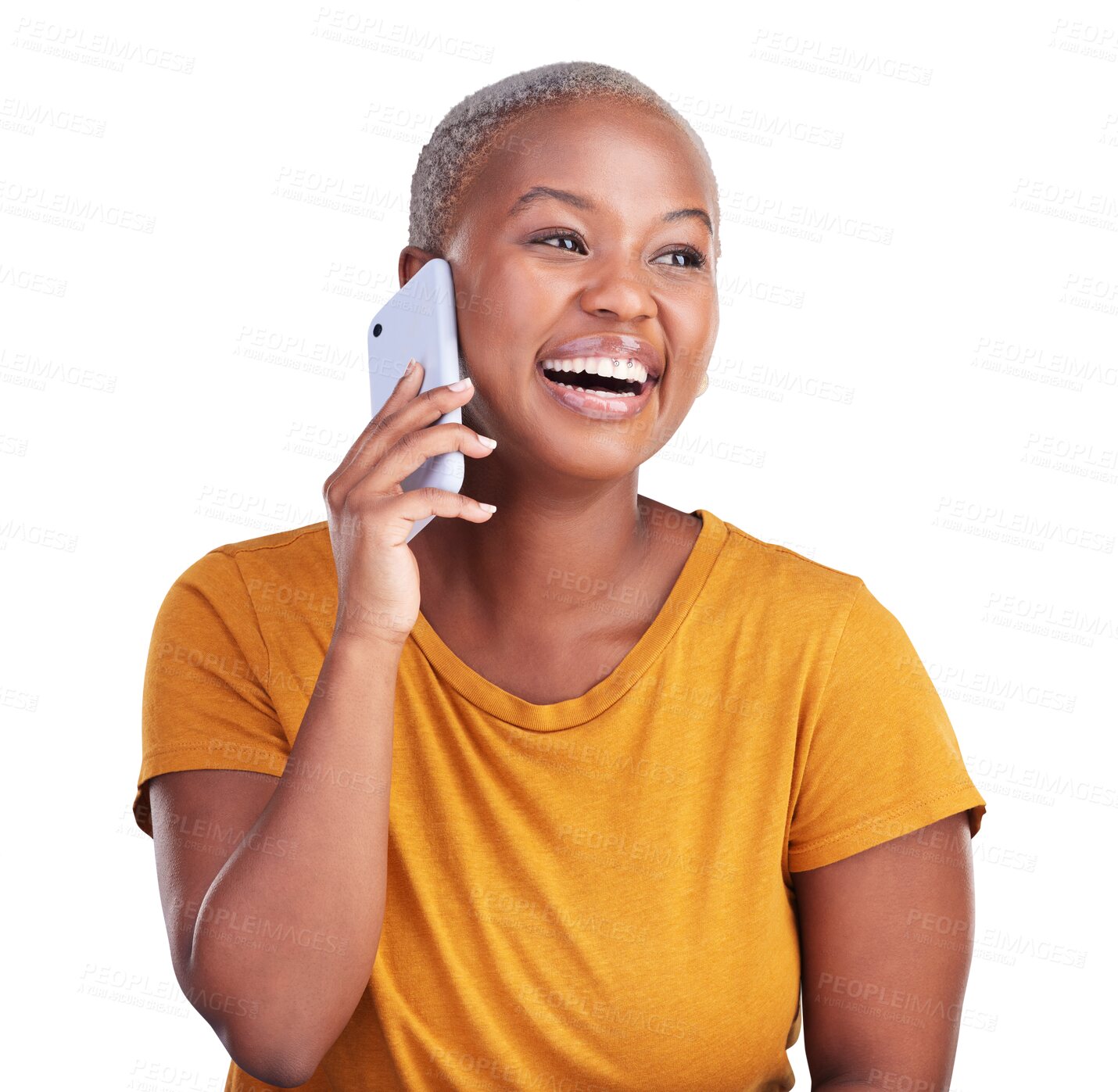 Buy stock photo Phone call, smile and black woman laughing at funny communication, joke or conversation. Networking, comedy or happy African person with humor talking on mobile isolated on transparent PNG background