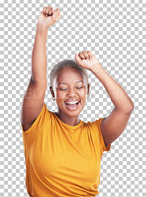 Buy stock photo Happy black woman, dancing and energy with celebration or party isolated on png transparent background. Fun, arms raised and rave with music, smile for joy and rhythm with good news and success