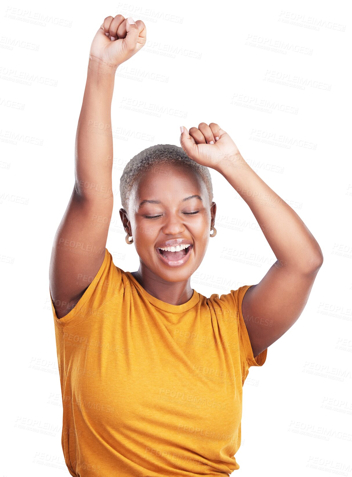 Buy stock photo Happy black woman, dancing and energy with celebration or party isolated on png transparent background. Fun, arms raised and rave with music, smile for joy and rhythm with good news and success