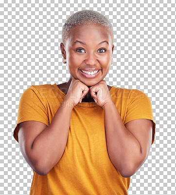 Buy stock photo Woman, portrait and excited or hand on face with casual fashion or confidence for deal, sale or announcement. African person, surprise and happy or positive isolated on png transparent background