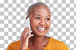 Phone call communication, face and happy black woman speaking in