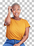 Black woman, scratch head and confused in studio with thinking,