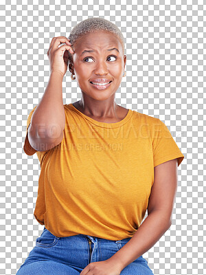 Buy stock photo Confused, scratch on head and African woman in isolated background, transparent and thinking. Girl, mindset and brainstorming for solution for stress or problem solving with ideas, png and scared