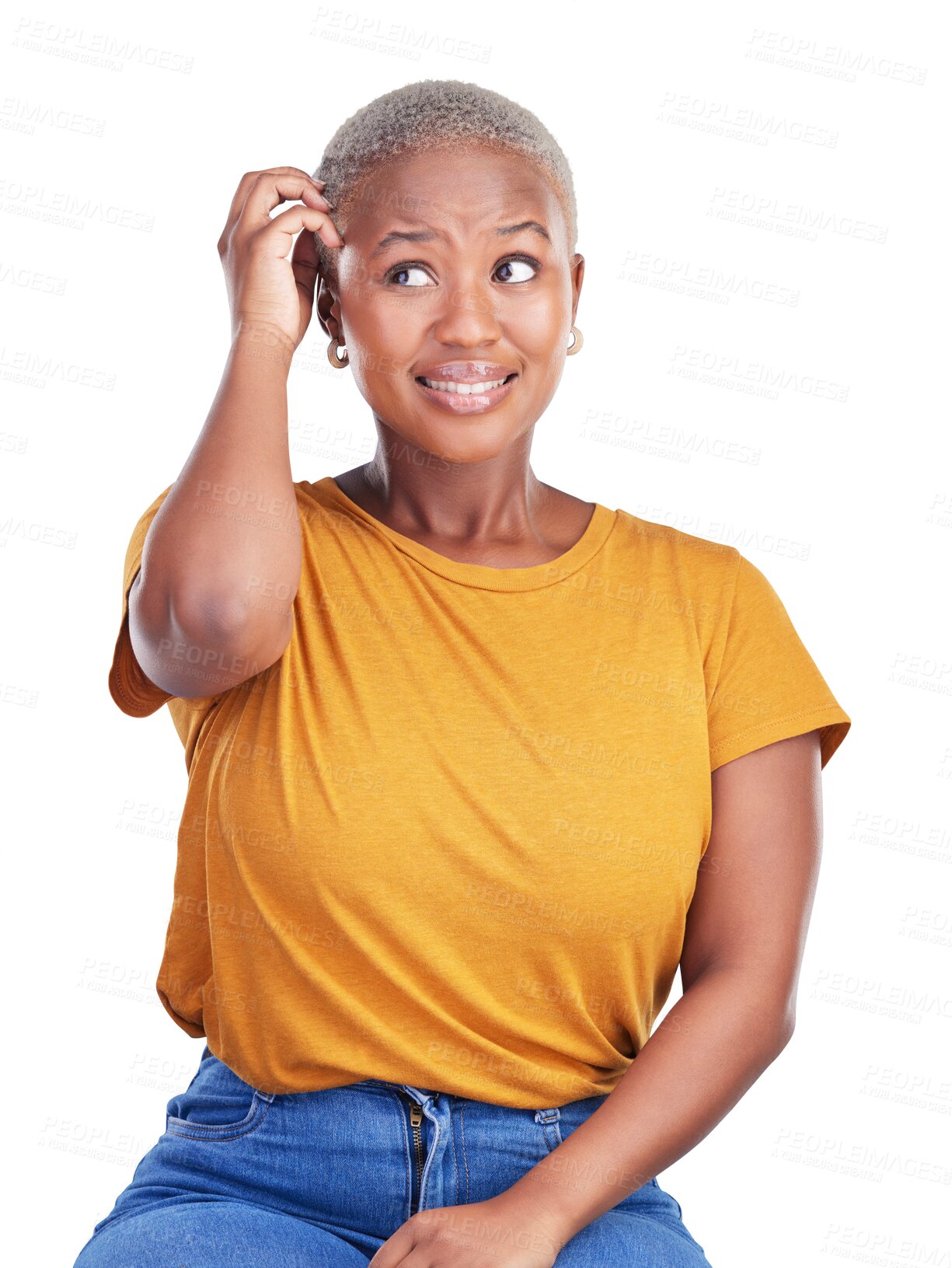 Buy stock photo Confused, scratch on head and African woman in isolated background, transparent and thinking. Girl, mindset and brainstorming for solution for stress or problem solving with ideas, png and scared