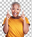 Excited portrait, pointing up and happy black woman gesture at d