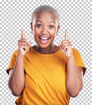 Buy stock photo Excited black woman, portrait or pointing up to presentation, offer, deal or news for announcement. Transparent png background, isolated happy person or promotion with smile, info or sale with choice