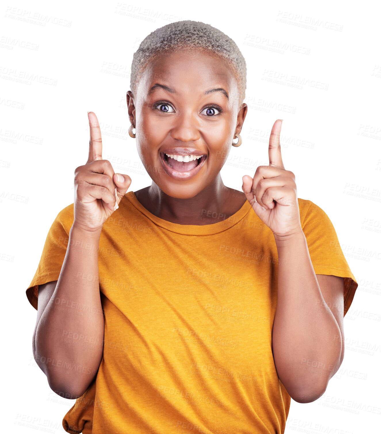 Buy stock photo Excited black woman, portrait or pointing up to presentation, offer, deal or news for announcement. Transparent png background, isolated happy person or promotion with smile, info or sale with choice