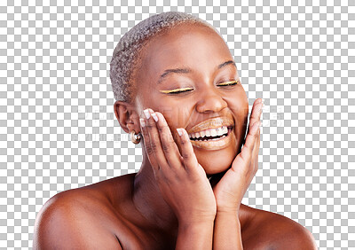 Buy stock photo Black woman, face and gold makeup for beauty, happiness with cosmetology isolated on png transparent background. Eyeshadow, lipstick and smile, skin and glow with wellness, cosmetics and self care