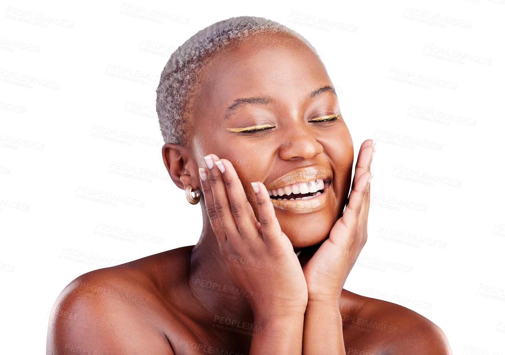 Buy stock photo Black woman, face and gold makeup for beauty, happiness with cosmetology isolated on png transparent background. Eyeshadow, lipstick and smile, skin and glow with wellness, cosmetics and self care