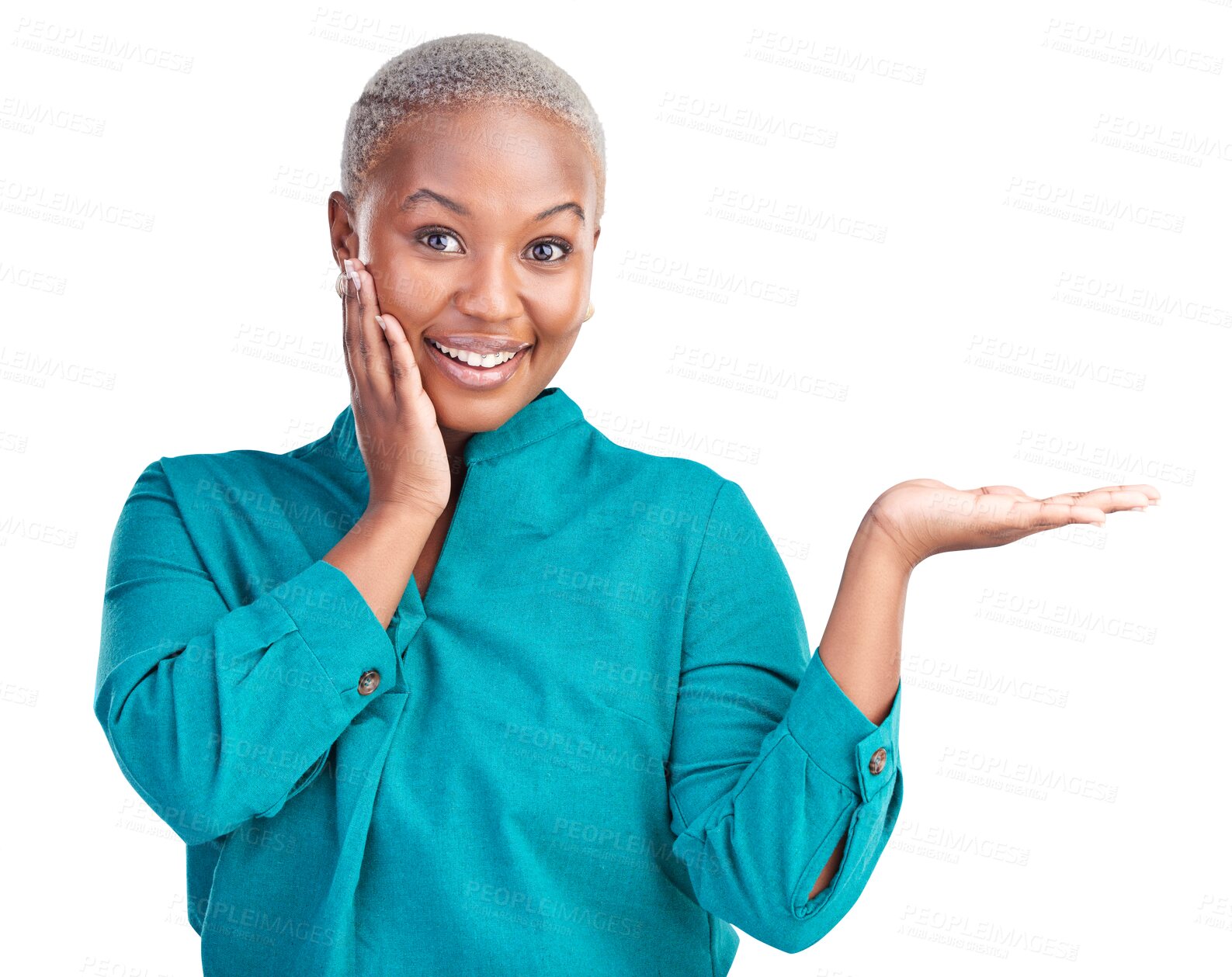 Buy stock photo Portrait of black woman, offer or palm for presentation, discount deal or news for announcement. Transparent png background, isolated happy African person or promotion with hand, choice sign or sale