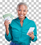 Cash, phone and woman in portrait for winning, finance or online