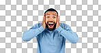 News, announcement and portrait of man with surprise in studio, white background or mockup space. Wow, emoji and excited or shocked person with secret, drama or hearing crazy information on promotion