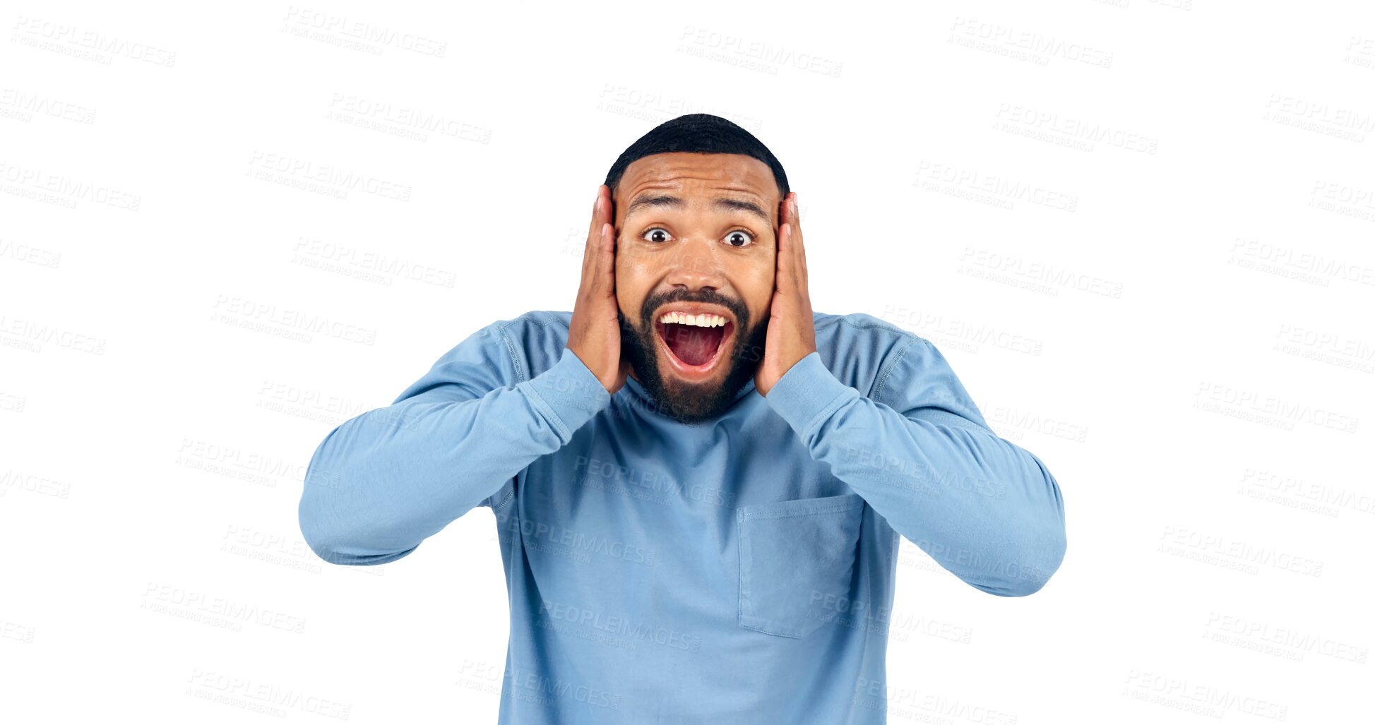 Buy stock photo News, announcement and portrait of man with surprise for drama in transparent, isolated or png background. Wow, emoji and person excited for secret or hearing crazy gossip, information or story