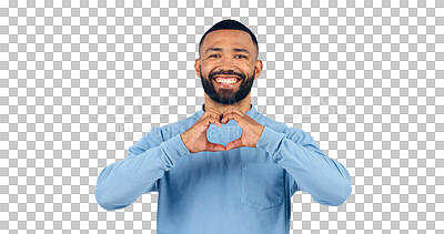 Buy stock photo Happy man, portrait and heart hands for love, care or support on a transparent PNG background. Male person with smile, like emoji or shape for romantic gesture, kindness or peace in vote or thank you